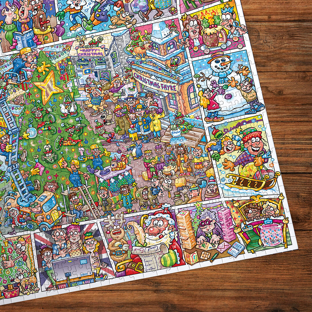 Gibsons Jokesaws Crackers for Christmas 1000 Piece Jigsaw Puzzle made up detail on wooden table