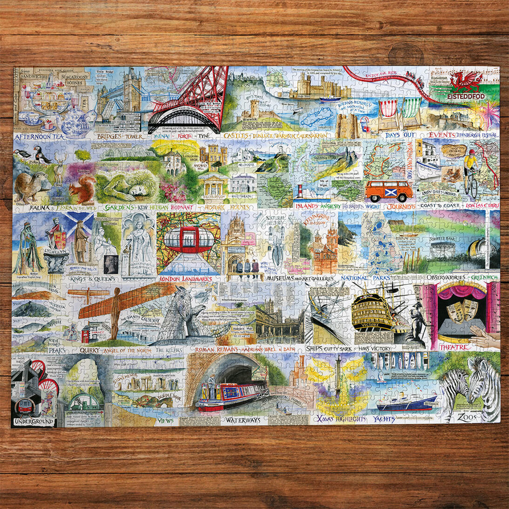 Gibsons Brilliant & British 1000 piece jigsaw puzzle for adults made up on wooden table