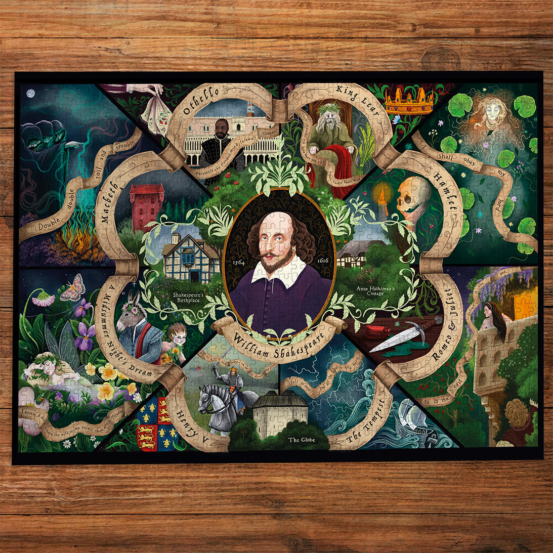Gibsons Shakespeare 1000 Piece Jigsaw Puzzle for Adults made up on wooden table