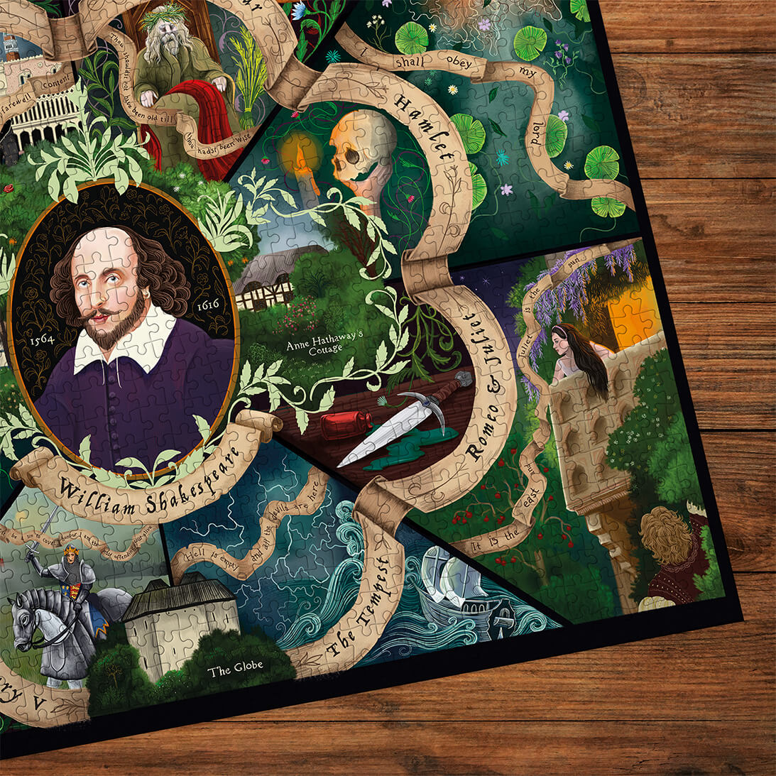 Gibsons Shakespeare 1000 Piece Jigsaw Puzzle for Adults made up details on wooden table