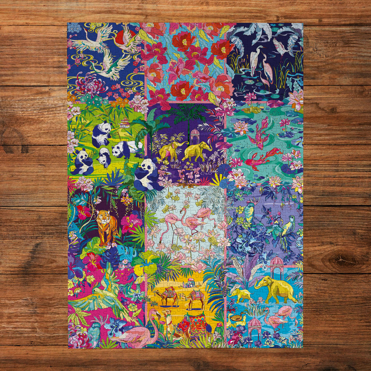Gibson's 'Nature's Carnival' puzzle with colourful design on a wooden background