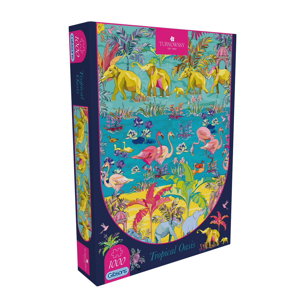 Jigsaw puzzle box with colorful design of animals in a tropical setting