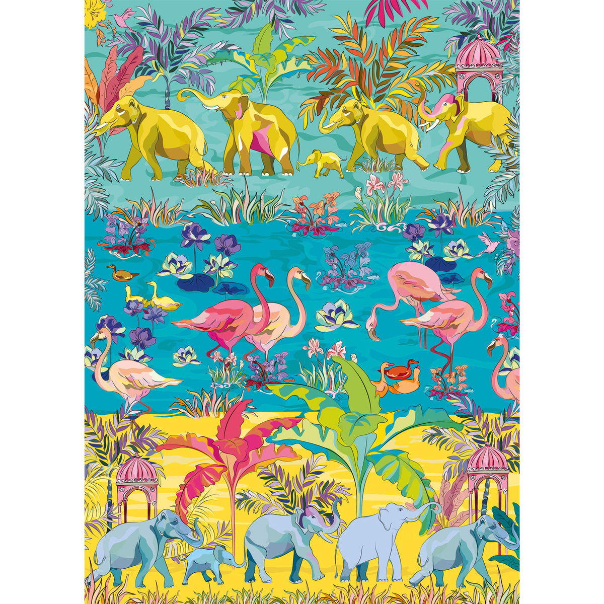 Colorful pattern with elephants, flamingos, and tropical plants on a blue and yellow background.