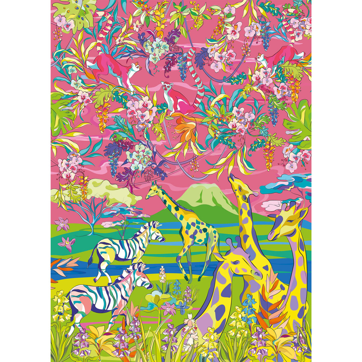 Colourful poster with giraffes, zebras, and floral patterns on a pink background