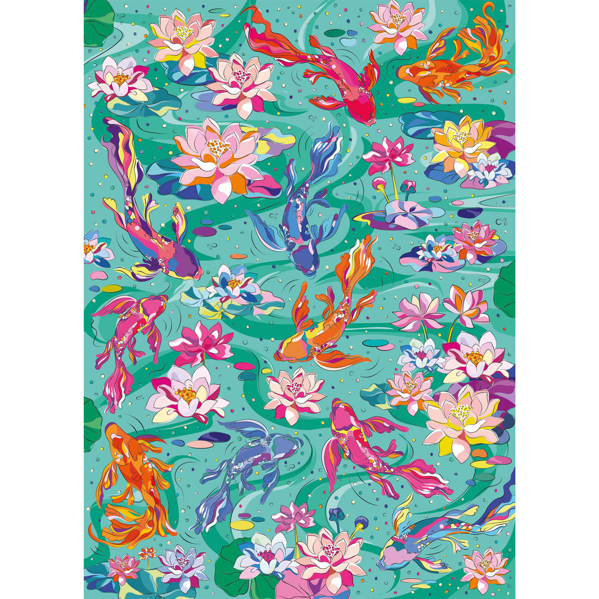 Colorful pattern of koi fish and lotus flowers on a green background