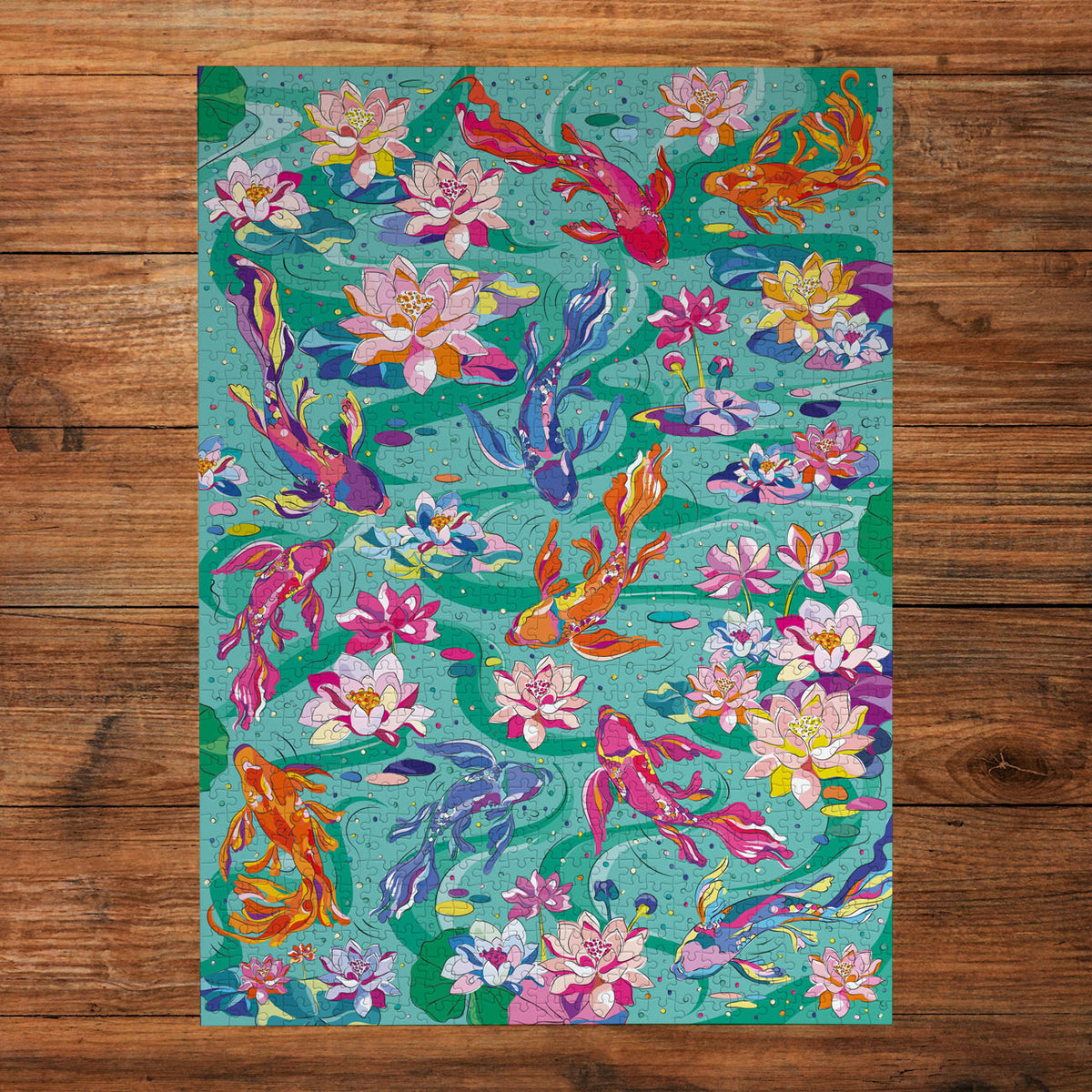 Gibson's 'Tranquil Waters' puzzle with colourful design on a wooden background