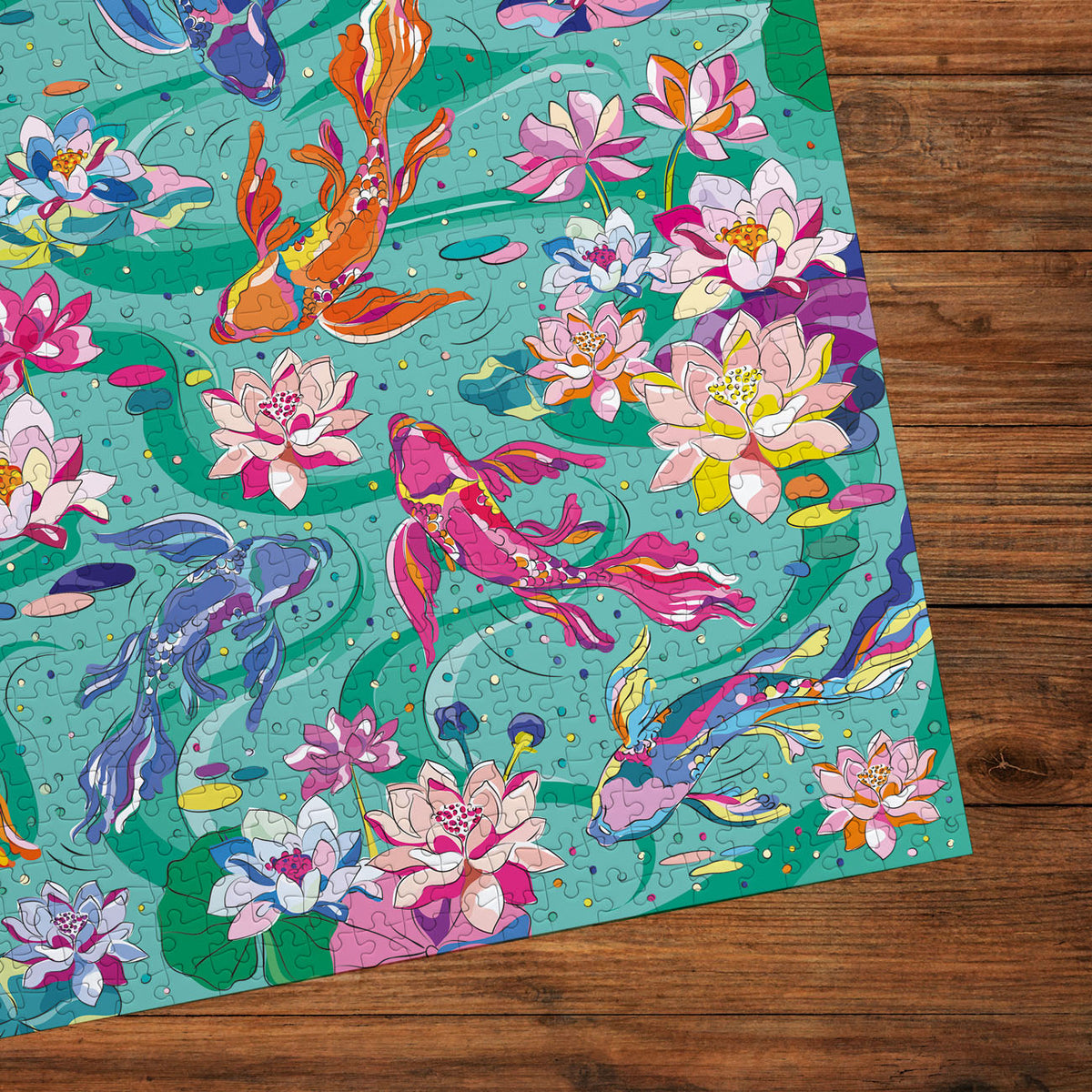 Gibson's 'Tranquil Waters' puzzle with colourful design on a wooden background
