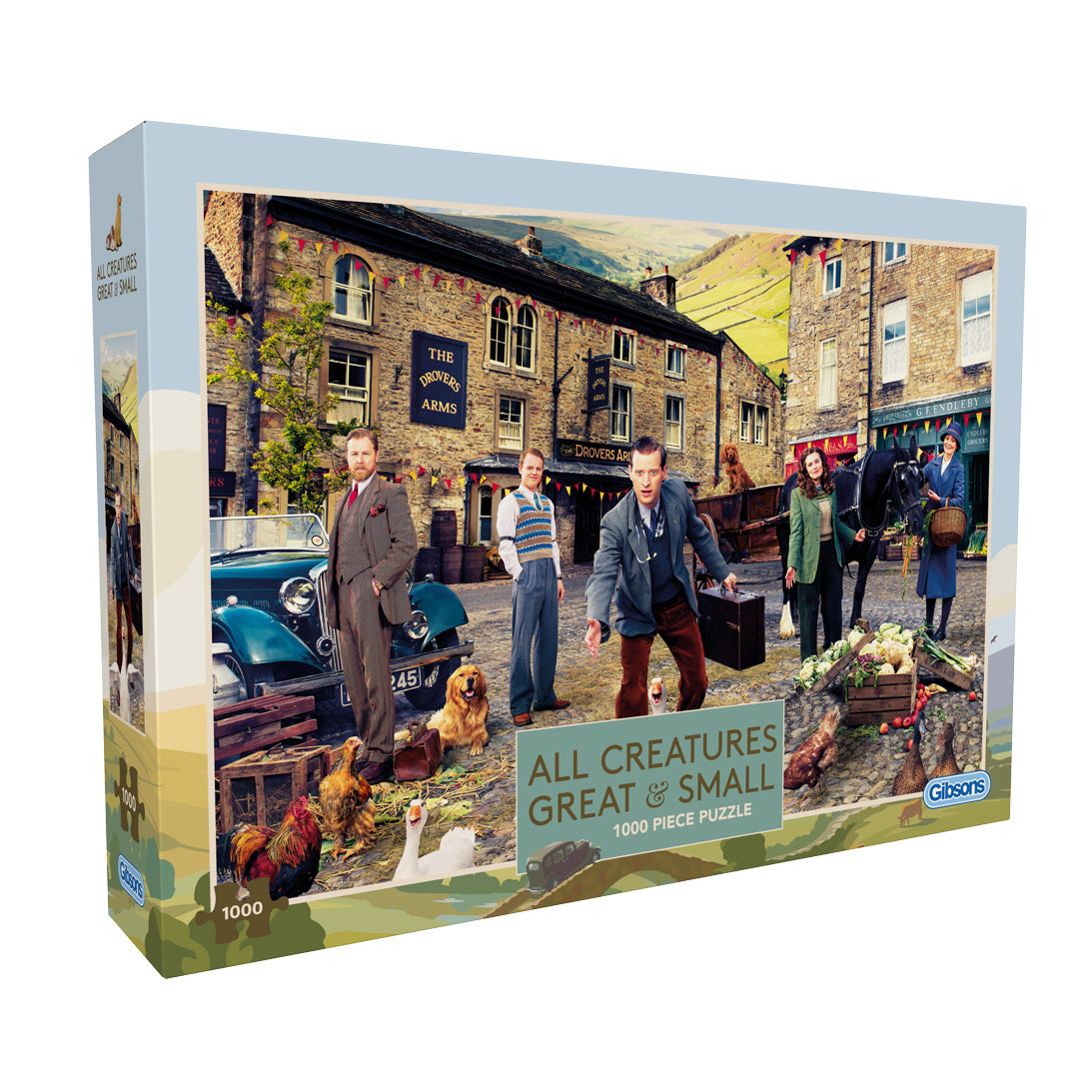 Jigsaw puzzle box featuring a village scene with people and animals, Gibsons brand