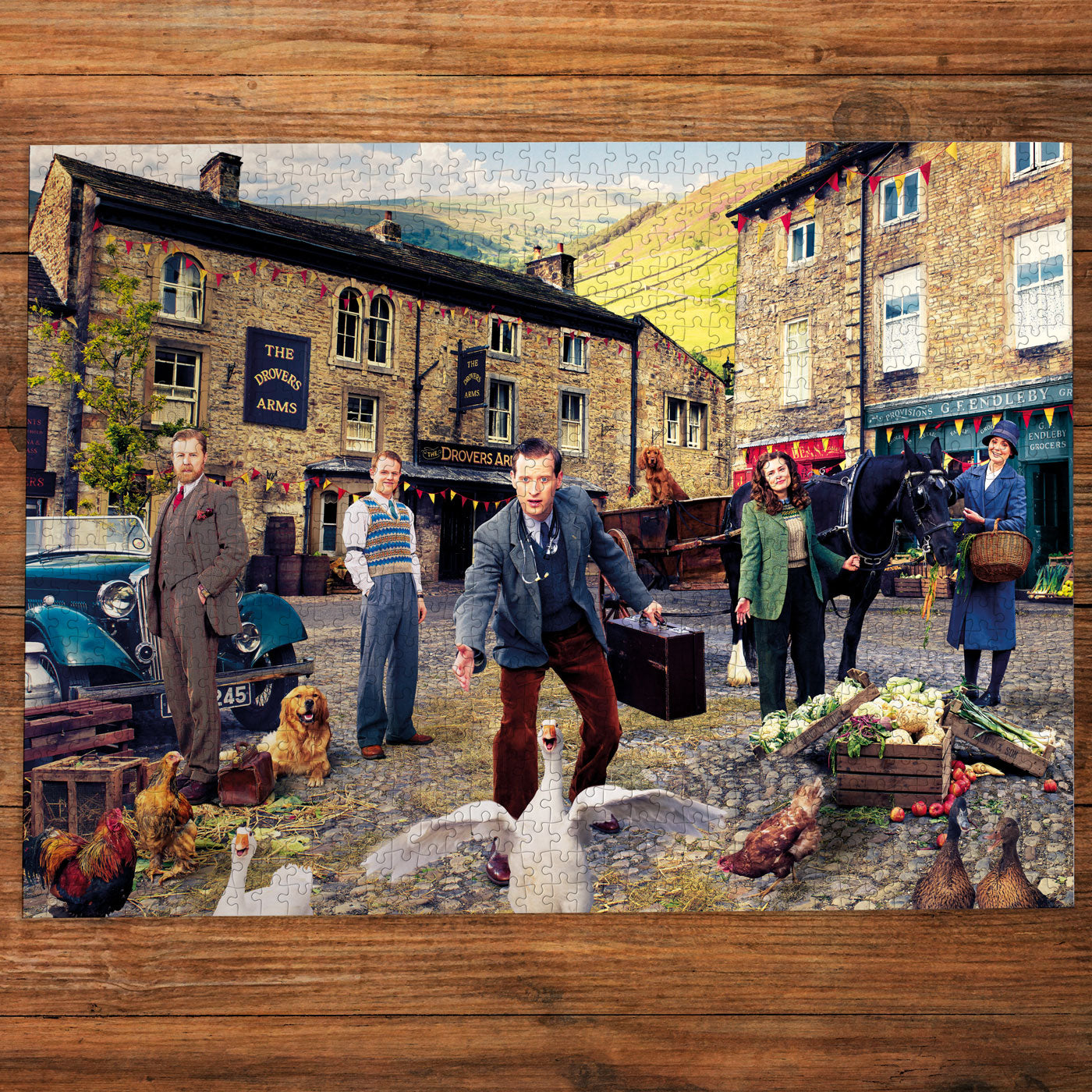 Jigsaw puzzle with a vintage street scene featuring people and animals made up puzzle on wooden table