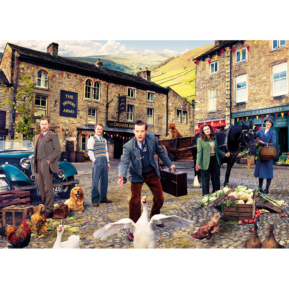 Vintage scene with people and animals in a village setting.