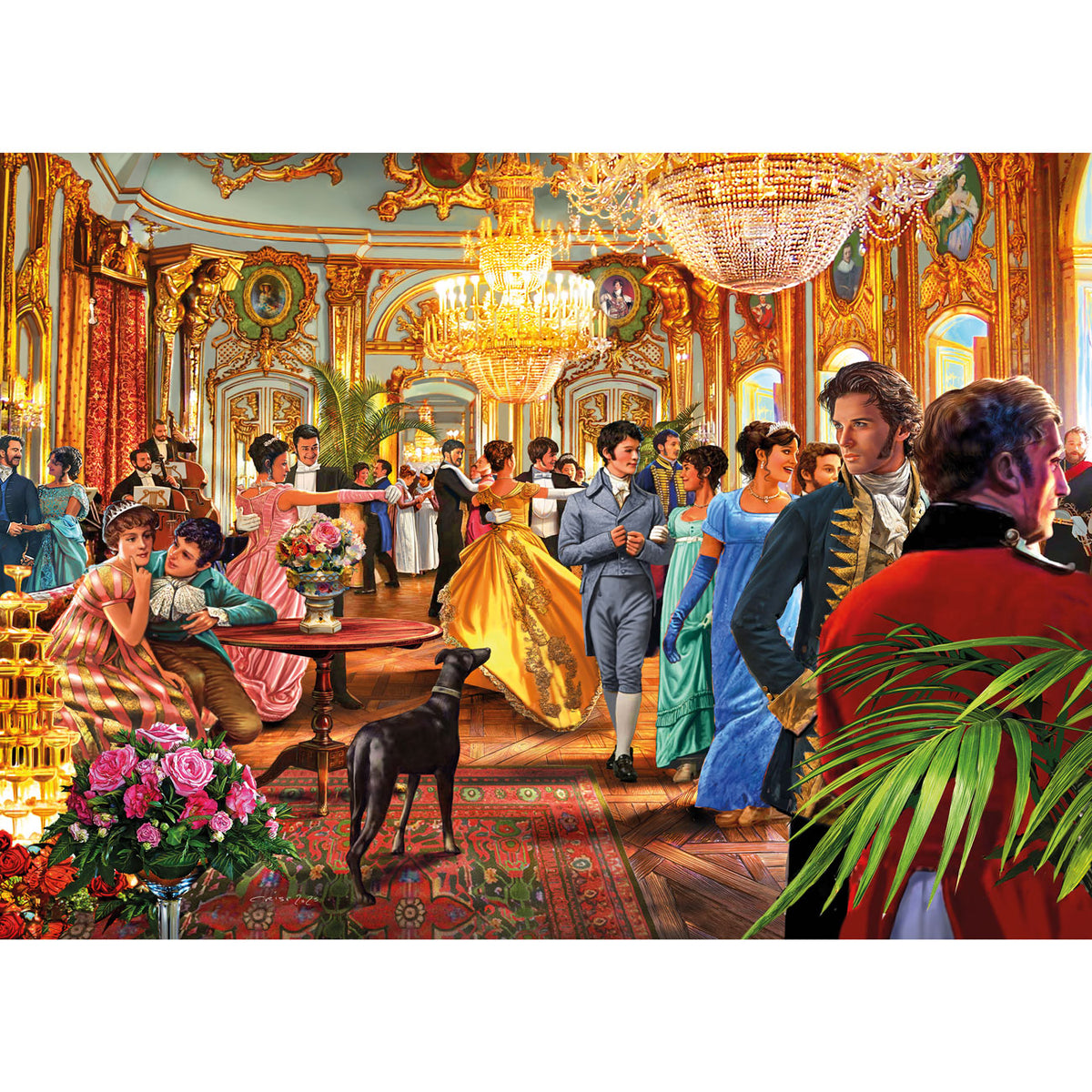 Colorful scene of a formal ball with people in period costumes in an opulent room.