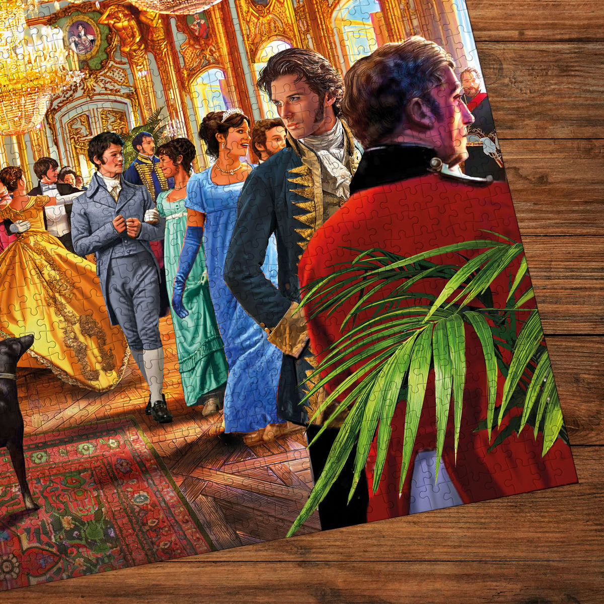 Illustration of a formal ball scene with people in period costumes on a wooden surface.