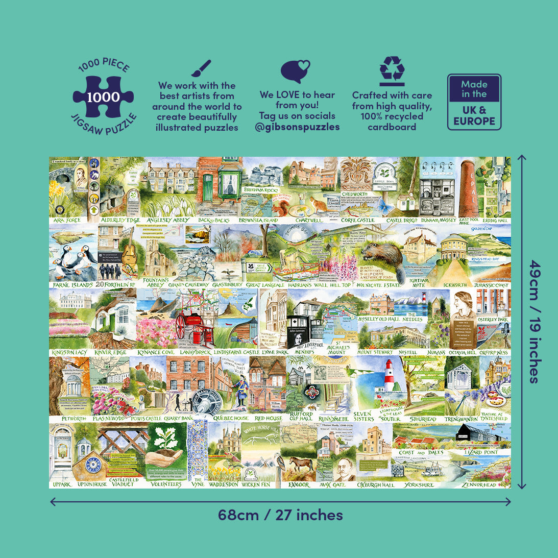 Gibson Puzzles 1000-piece jigsaw puzzle packaging with illustrations of various scenes and dimensions.