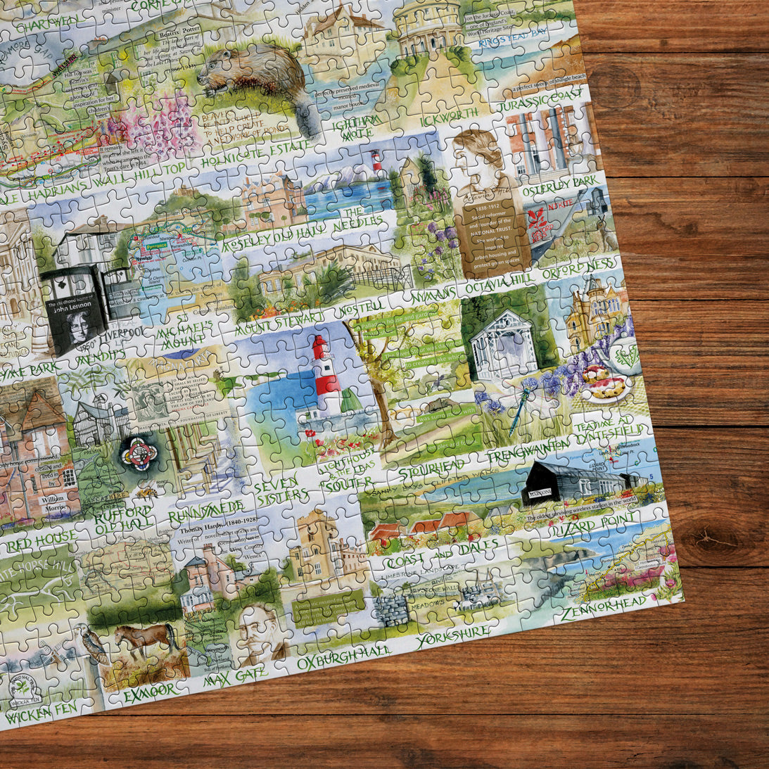 Jigsaw puzzle with scenic pieces on a wooden surface