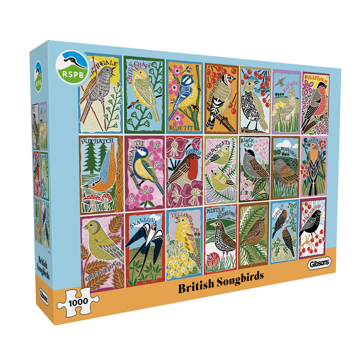 Jigsaw puzzle box featuring illustrations of British songbirds with RSPB logo.
