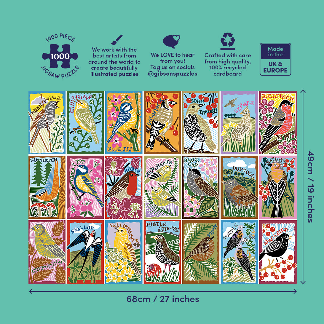 Gibson Puzzles bird-themed 1000-piece puzzle packaging with illustrations of various birds on a teal background.
