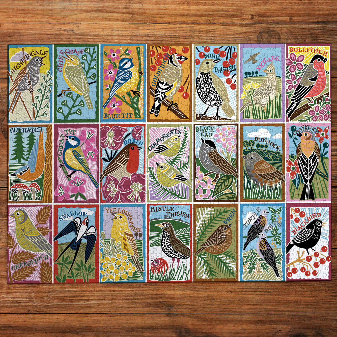Collection of colourful bird illustrations on a wooden surface