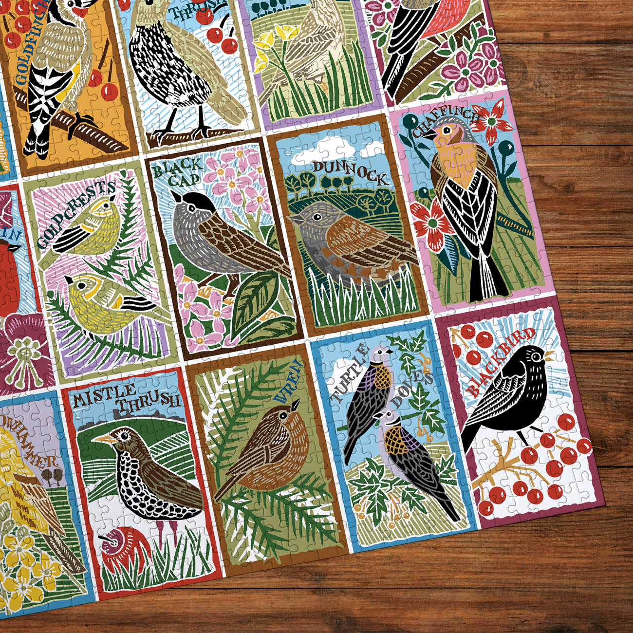 Collection of colourful bird illustrations on a wooden surface