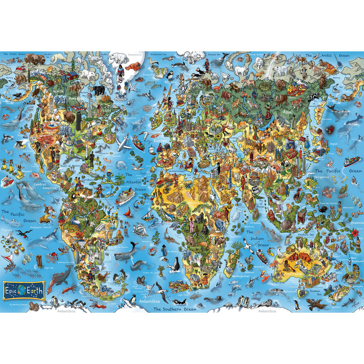 World map with animal illustrations on a white background