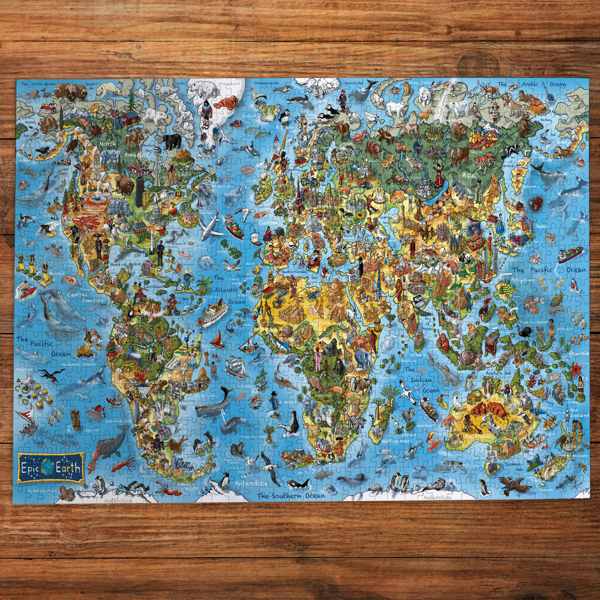 World map puzzle on a wooden surface