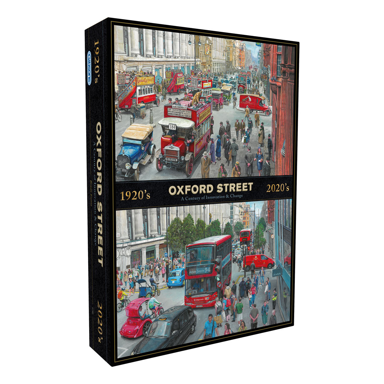 Gibsons Oxford Street Through the Decades 1000 Piece Jigsaw puzzle for adults in black retail box