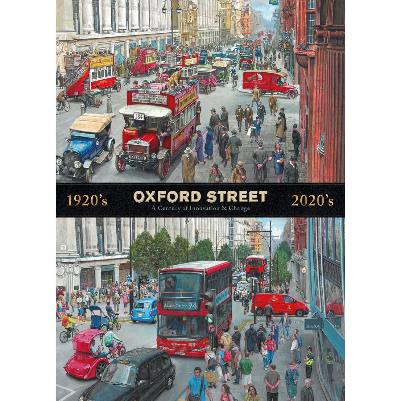 Illustrated jigsaw puzzle poster of 'Oxford Street 1920's to 2020's' showing a historical and modern street scene.