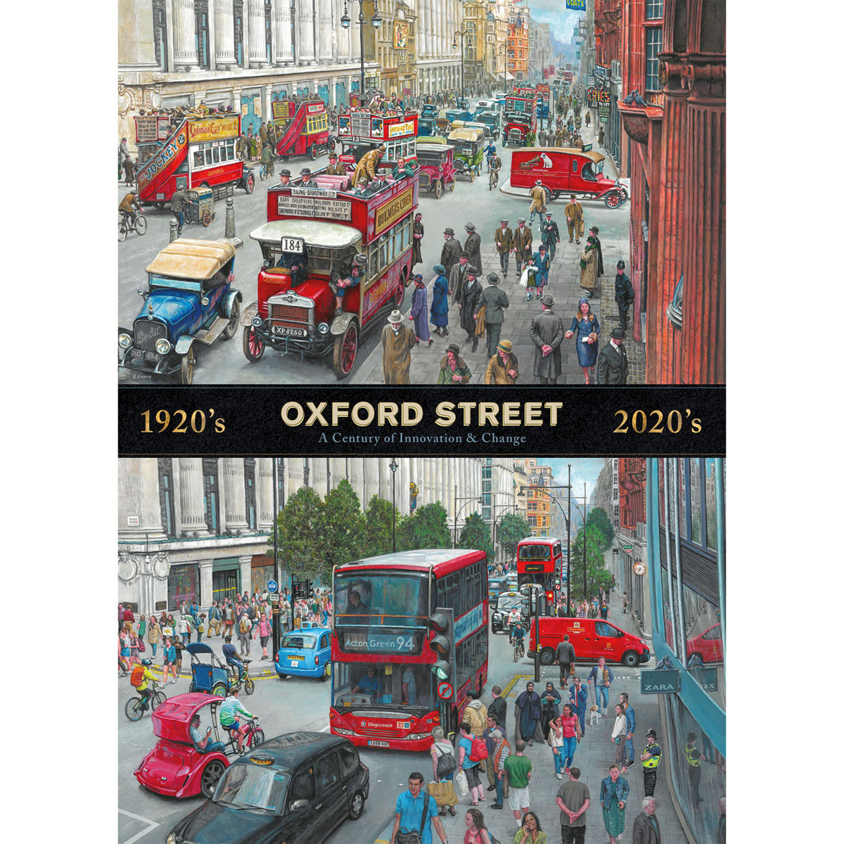 Illustrated jigsaw puzzle poster of 'Oxford Street 1920's to 2020's' showing a historical and modern street scene.
