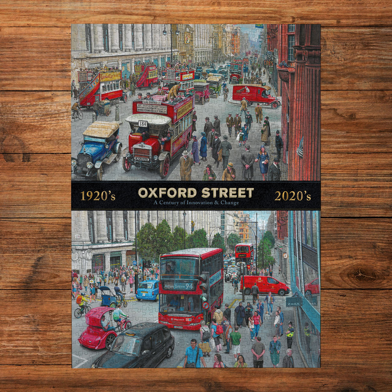 Comparison of Oxford Street in 1920s and 2020s on a wooden background