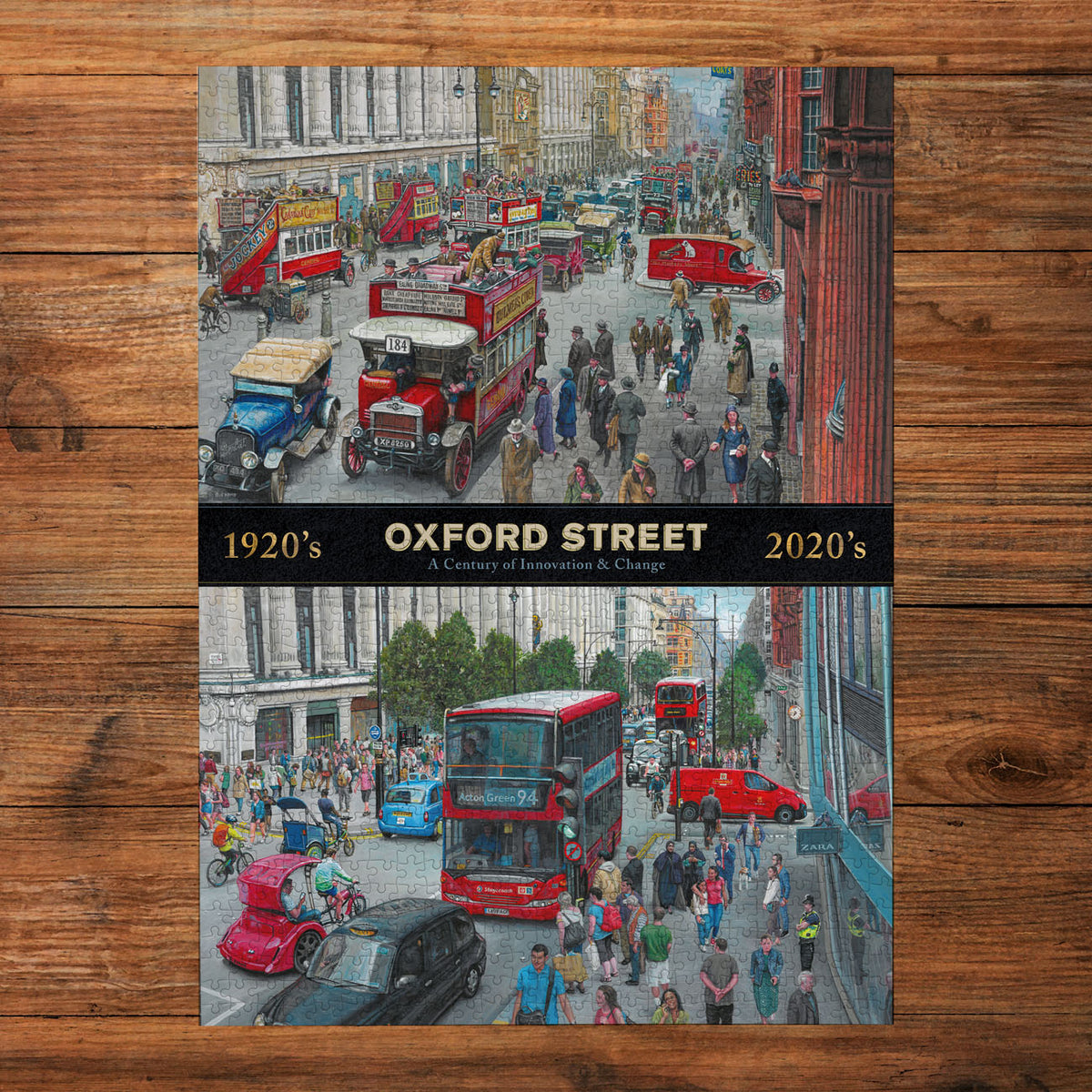 Comparison of Oxford Street in 1920s and 2020s on a wooden background