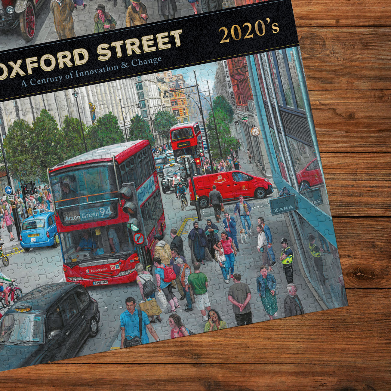 Puzzle detail Comparison of Oxford Street in 1920s and 2020s on a wooden background