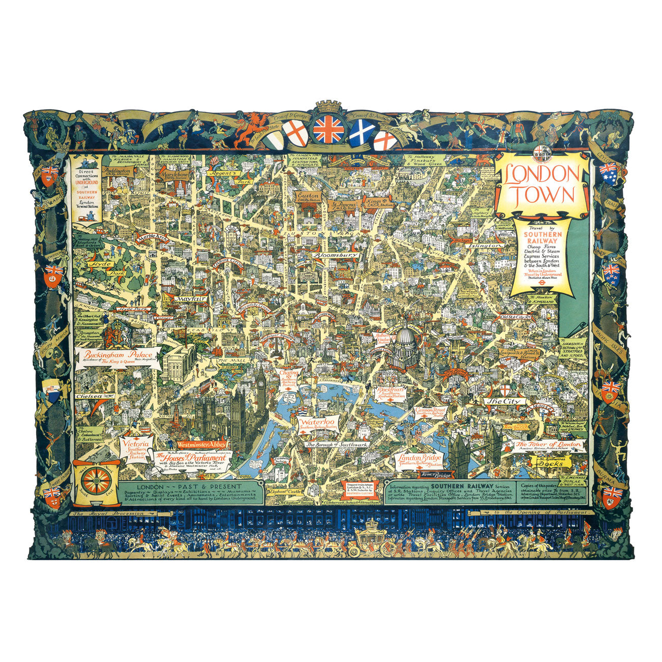 Vintage-style map of London with decorative border and text
