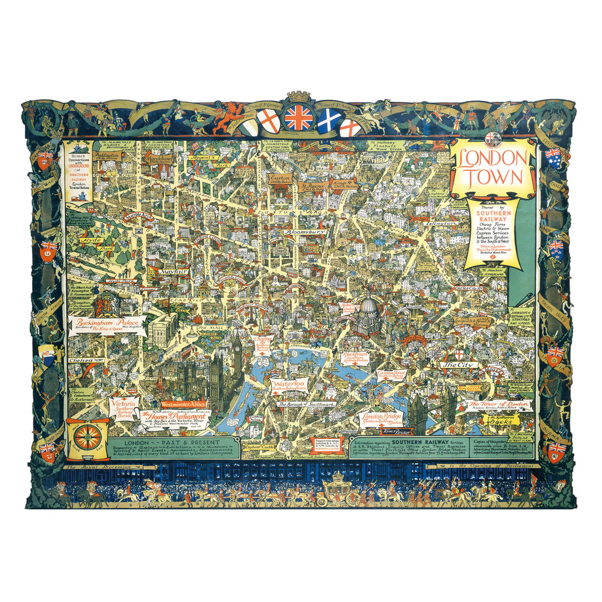 Vintage-style map of London with decorative border and text