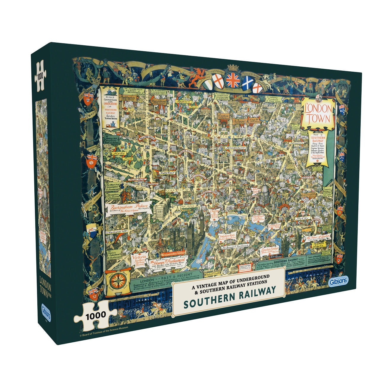 Jigsaw puzzle box with a vintage railway map design on a white background