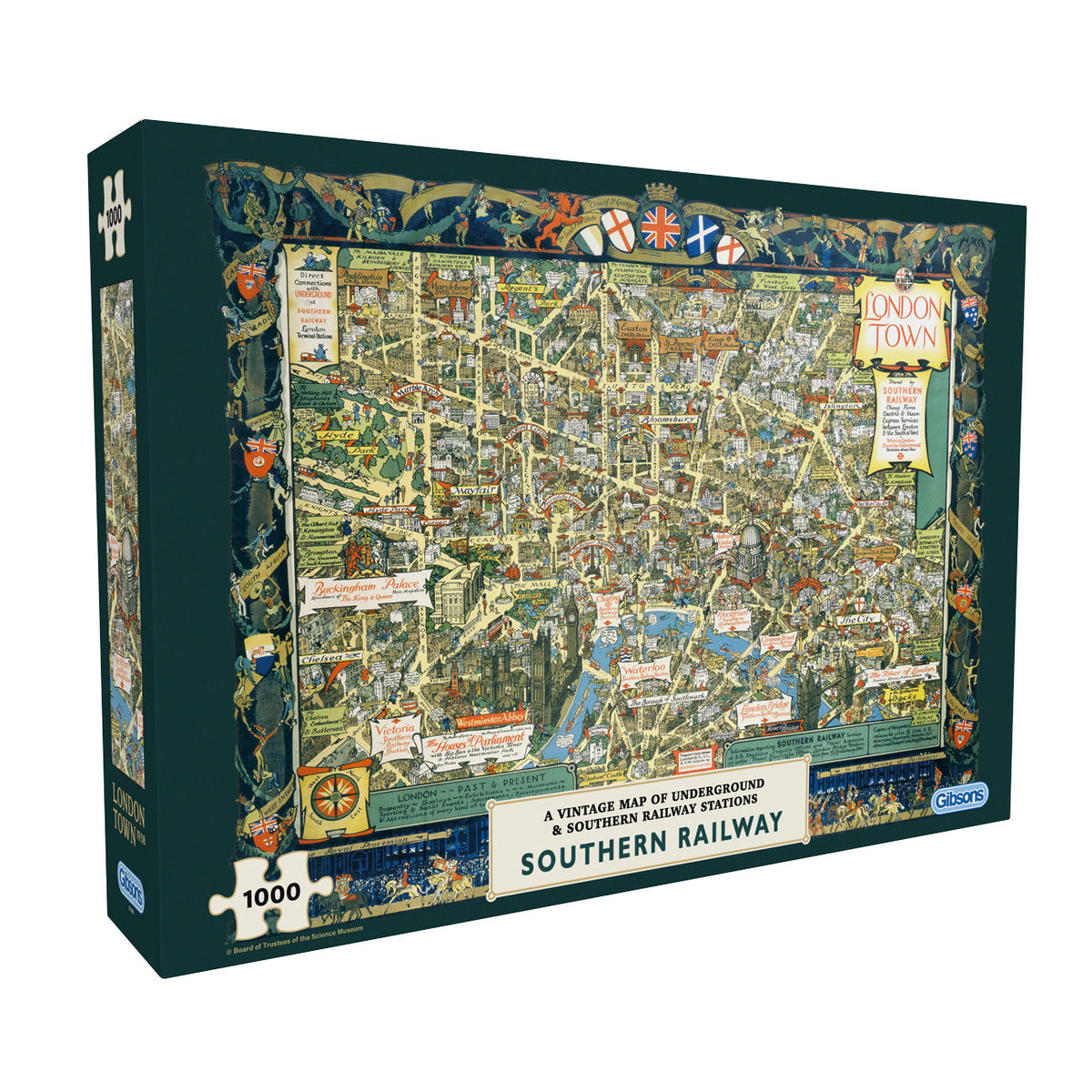 Jigsaw puzzle box with a vintage railway map design on a white background