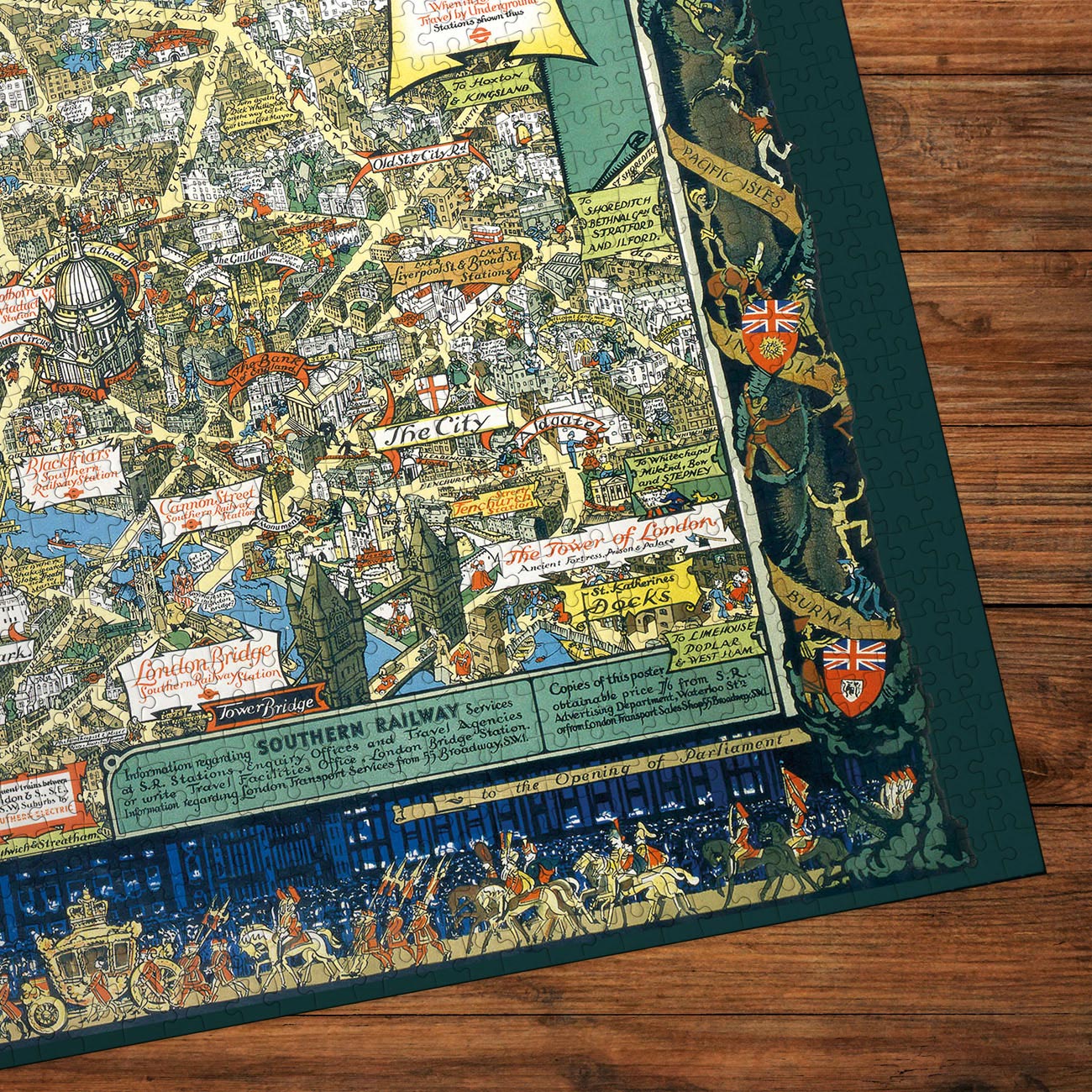 Colorful map of London on a wooden surface jigsaw puzzle detail