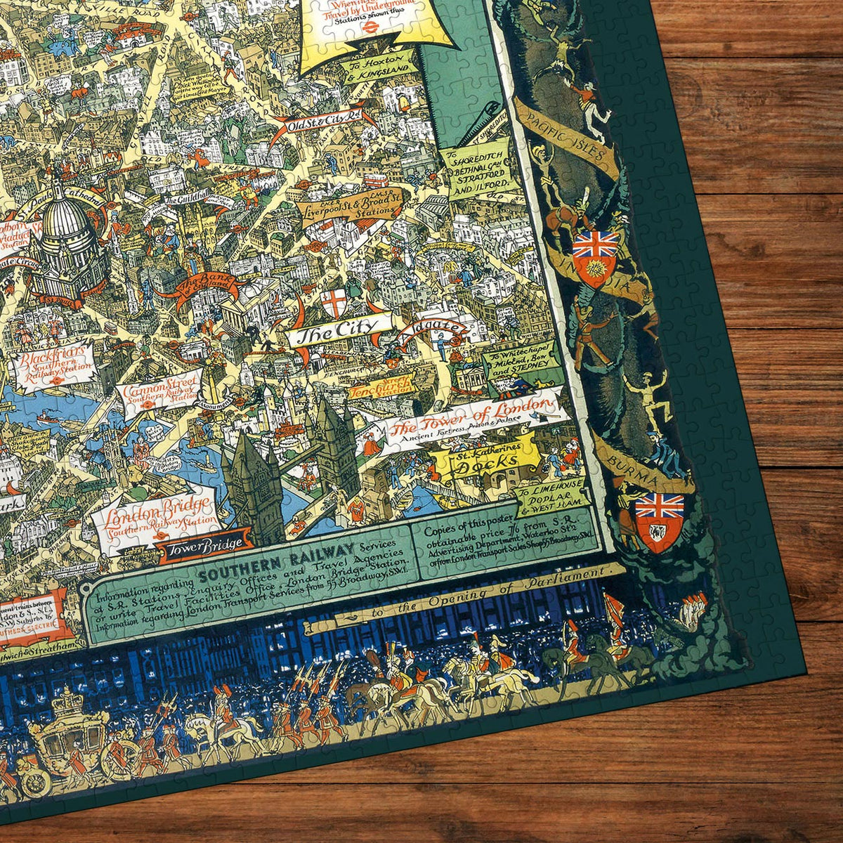 Colorful map of London on a wooden surface jigsaw puzzle detail