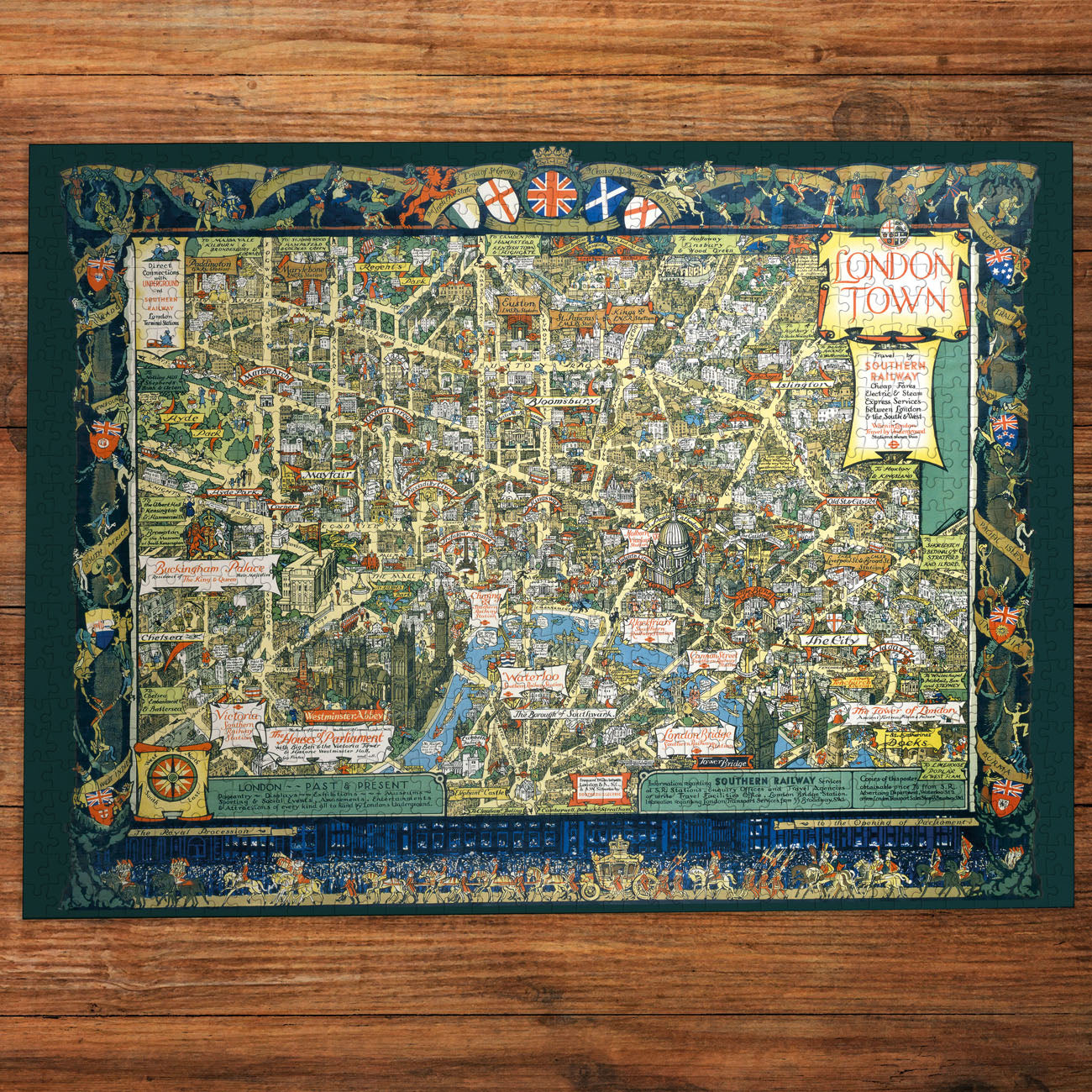 Vintage-style jigsaw puzzle map of London on a wooden surface