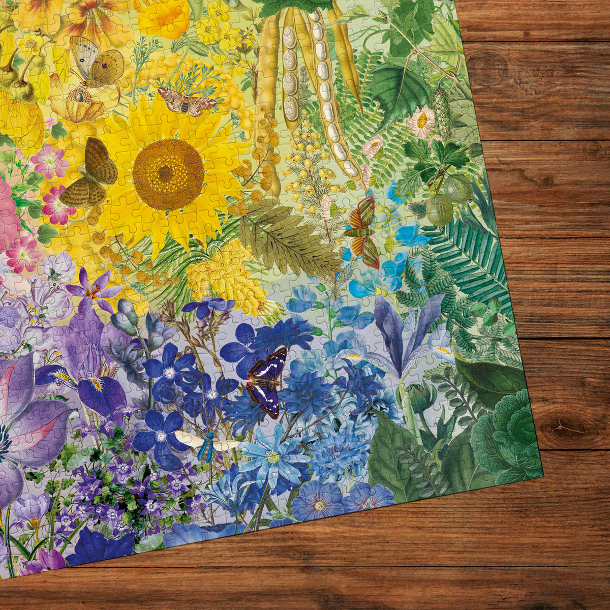 Colourful floral and butterfly design on a wooden surface