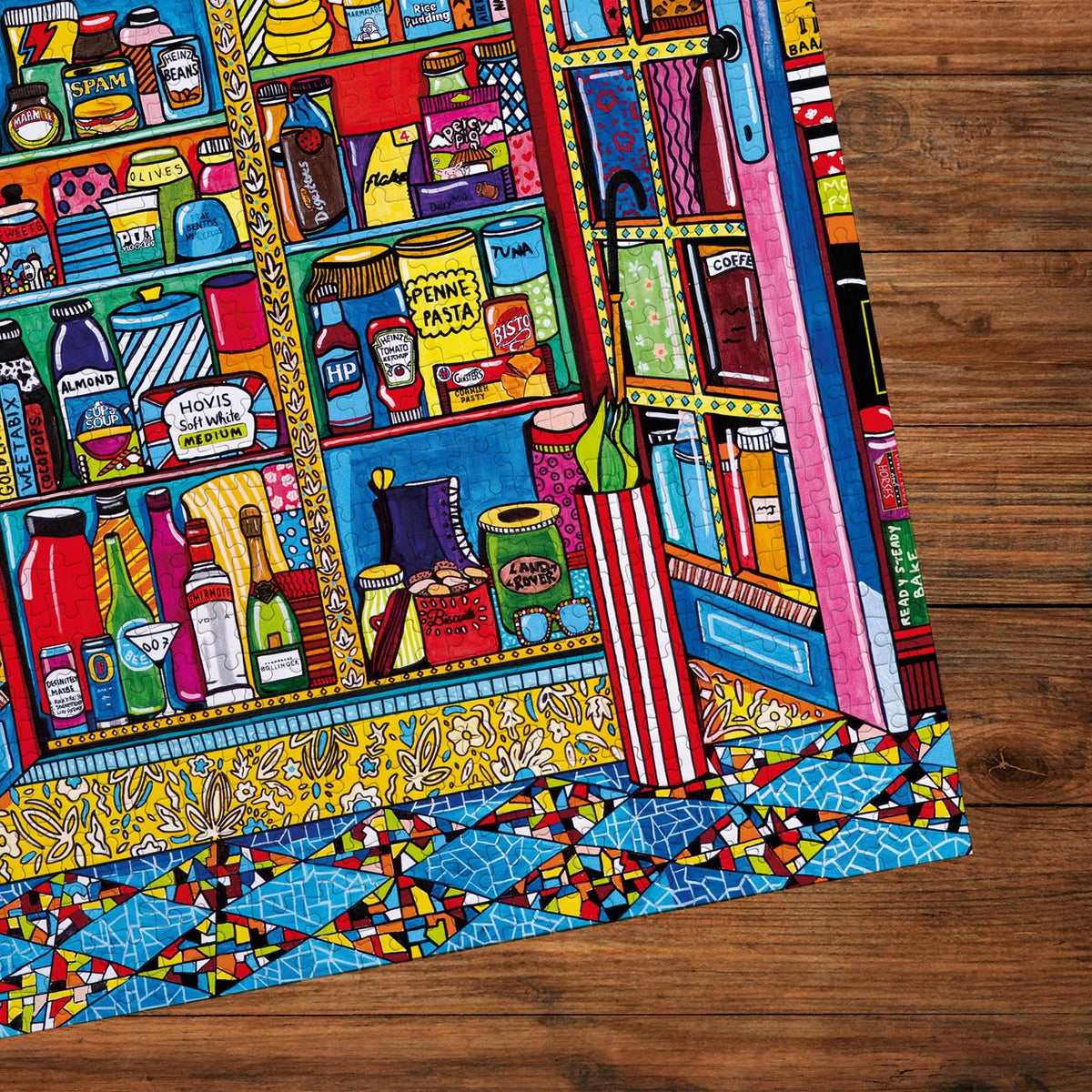 Colourful illustration of a food and jars in open fridge completed on a wooden background, jigsaw puzzle