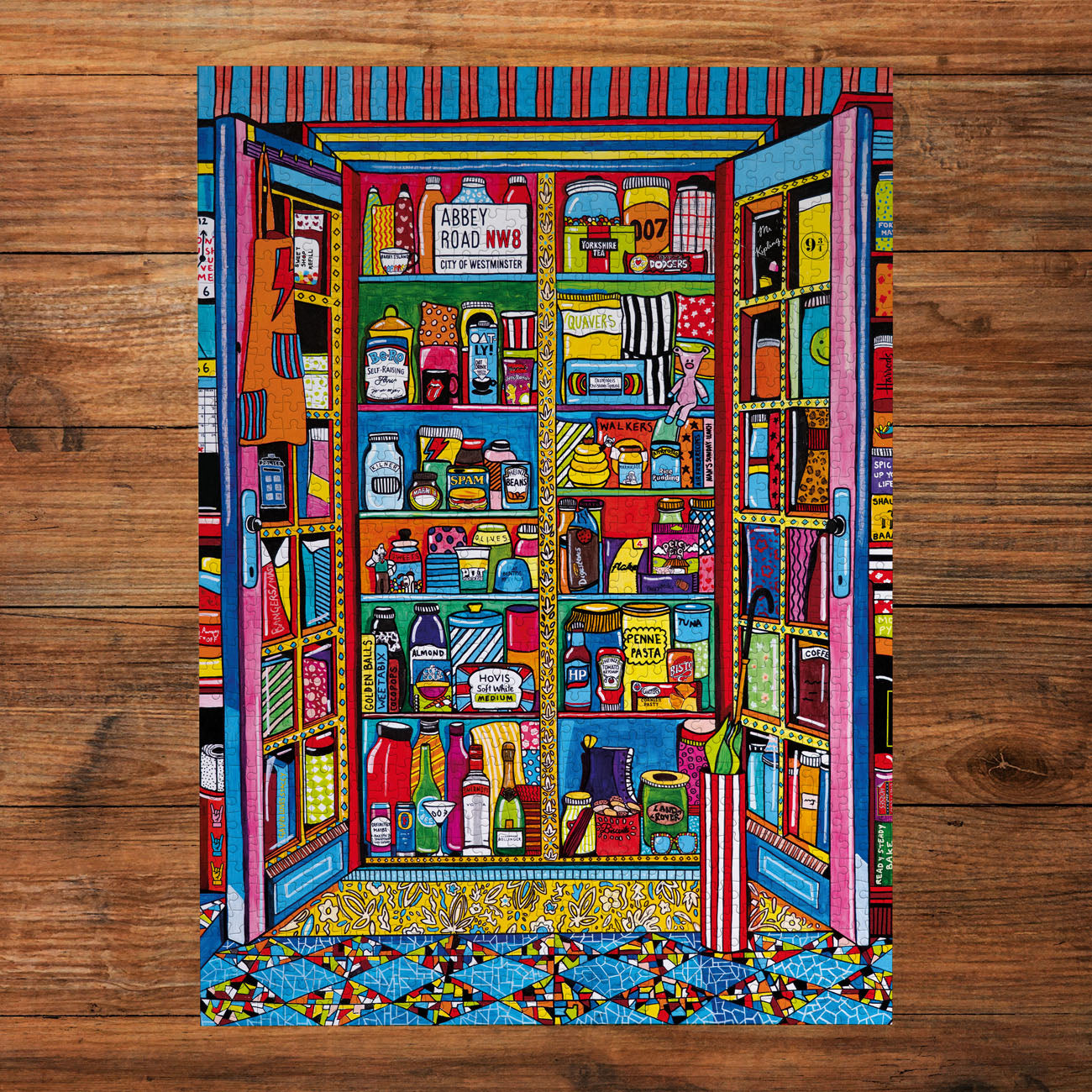 Colourful illustration of a food and jars in open fridge completed on a wooden background, jigsaw puzzle