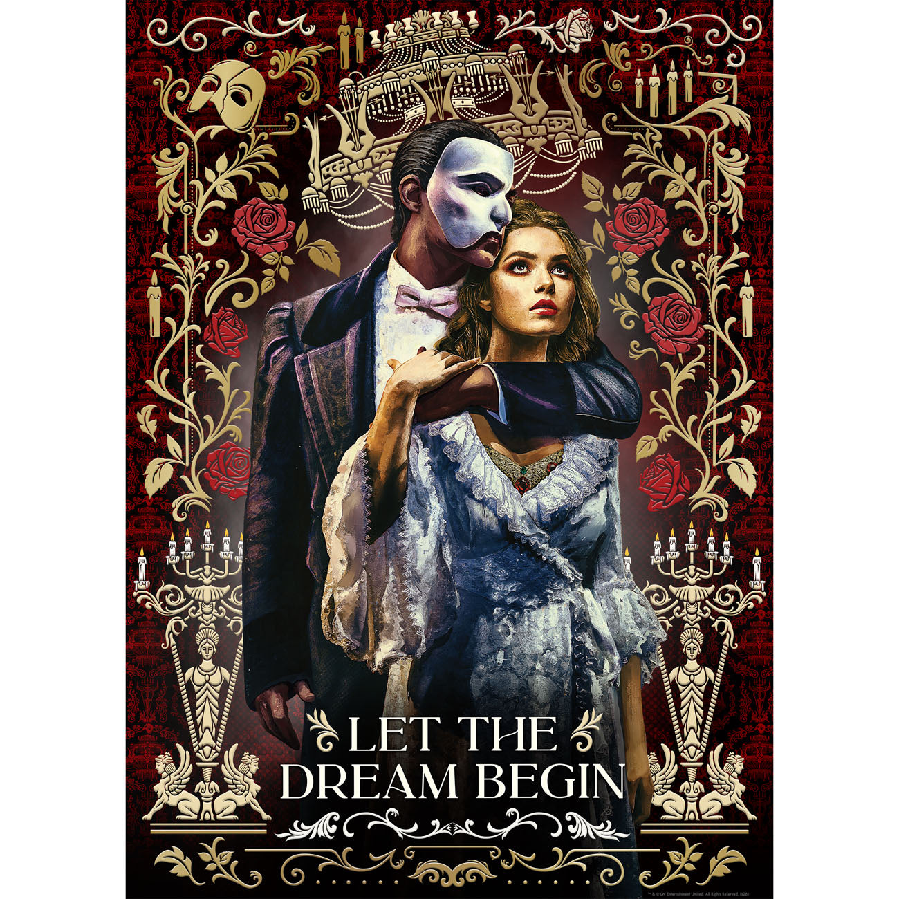 Poster of a man and woman with a mask, surrounded by decorative elements and roses, with text 'Let the Dream Begin'.