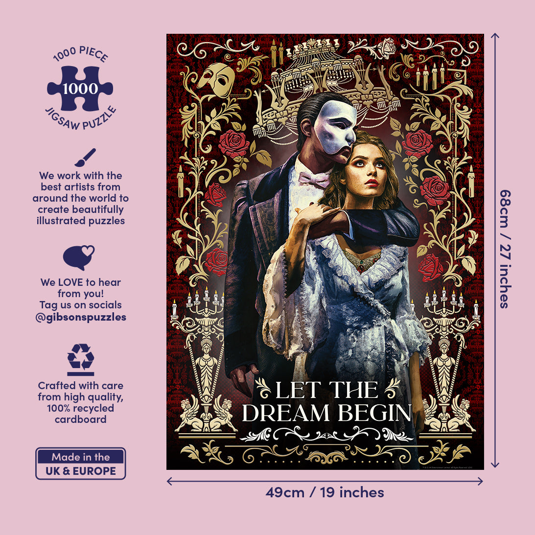 A 1000-piece jigsaw puzzle package design featuring a gothic illustration of a man in a black suit and a woman in a white dress, framed by ornate gold filigree and candles on a dark red background. The package includes size markings of 68cm by 49cm and promotional text on a light pink background.
