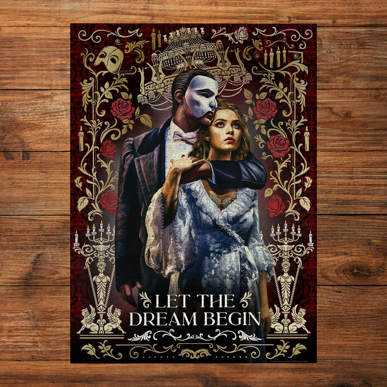 Poster of a man and woman with decorative text and roses on a wooden background