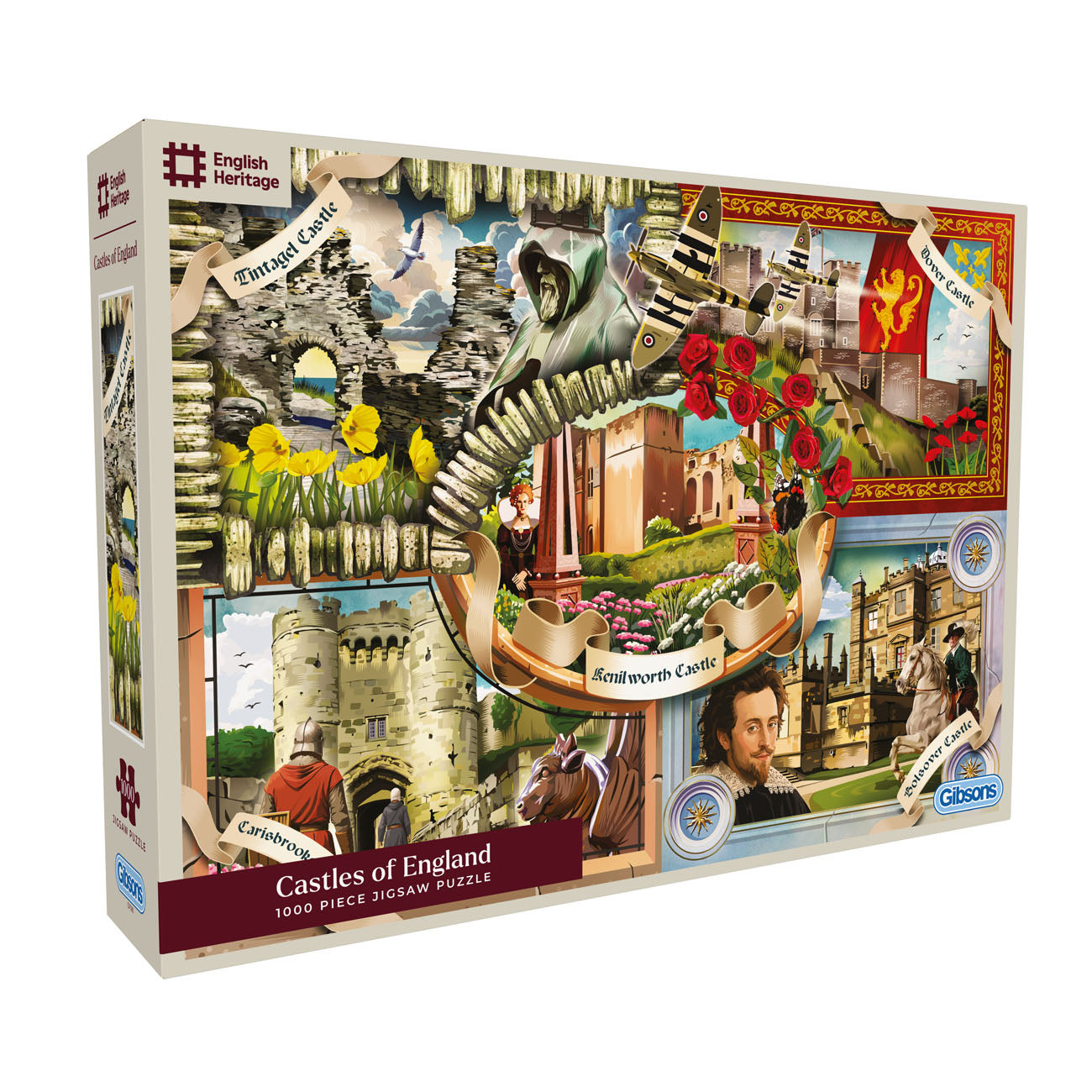 Jigsaw puzzle box featuring images of English castles and landscapes with 'English Heritage' branding.