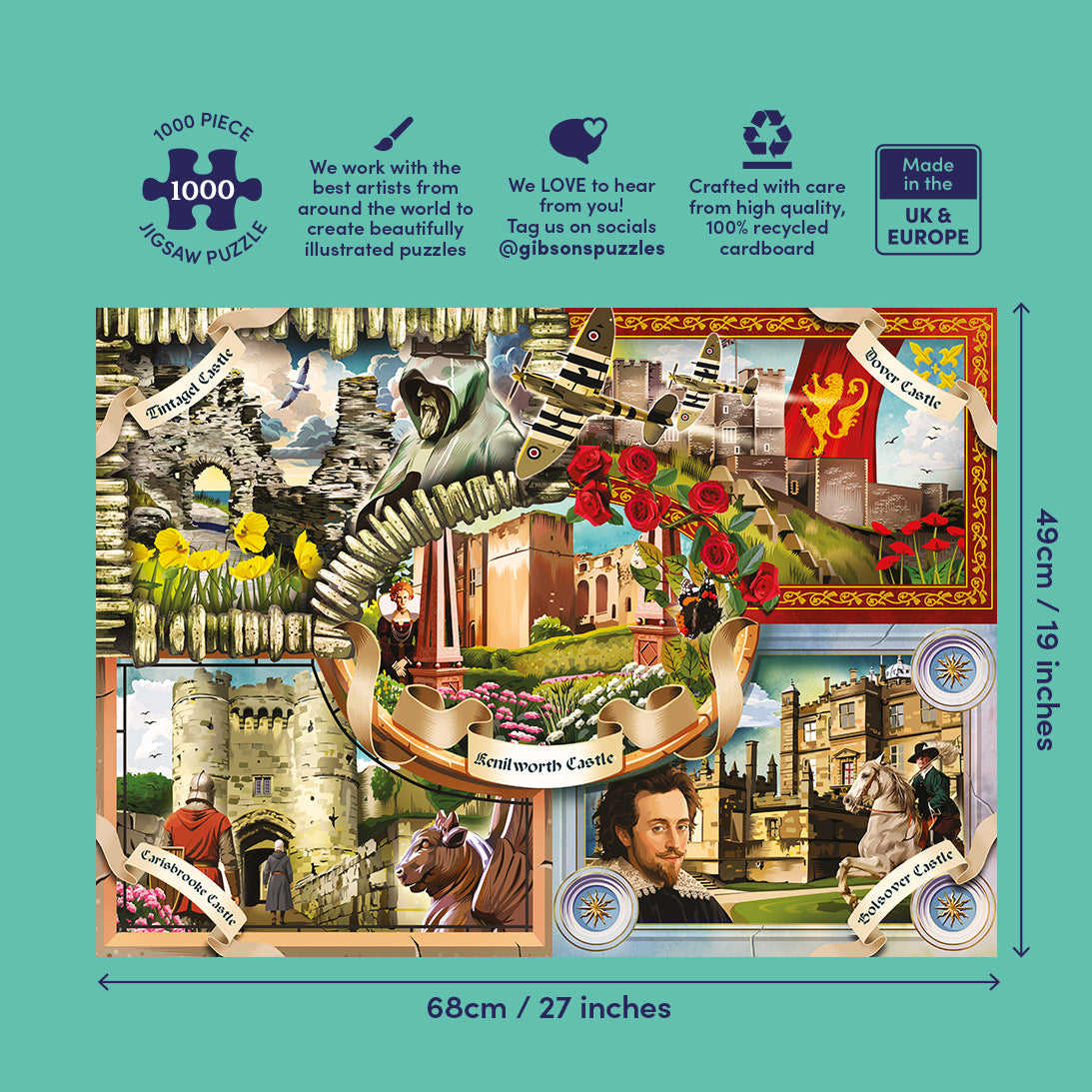 Jigsaw puzzle box featuring images of English castles and landscapes with 'English Heritage' branding.