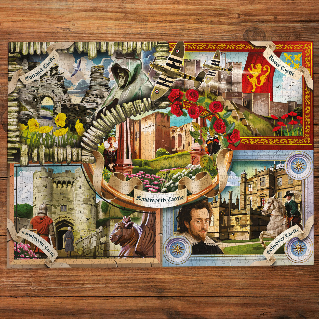 Collage of images featuring Semlin Castle on a wooden surface