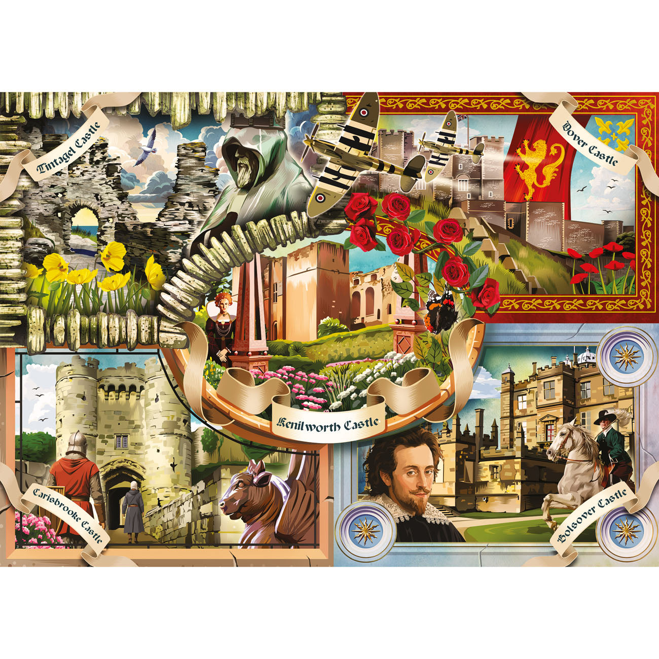 Collage of images featuring castles, landscapes, and historical figures with decorative elements.