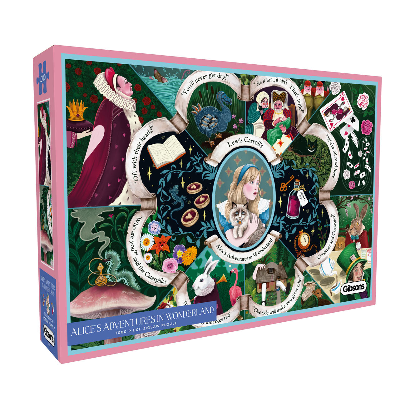 Jigsaw puzzle box featuring illustrations from 'Alice's Adventures in Wonderland' by Lewis Carroll.