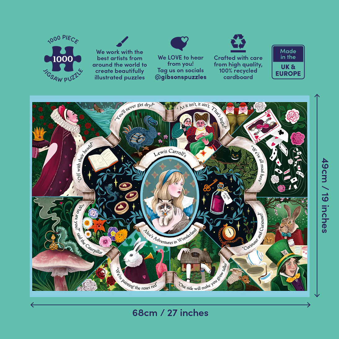A 1000-piece jigsaw puzzle featuring Lewis Carroll's Wonderland illustrations, shown in its packaging with dimensions and product features displayed on a teal background.