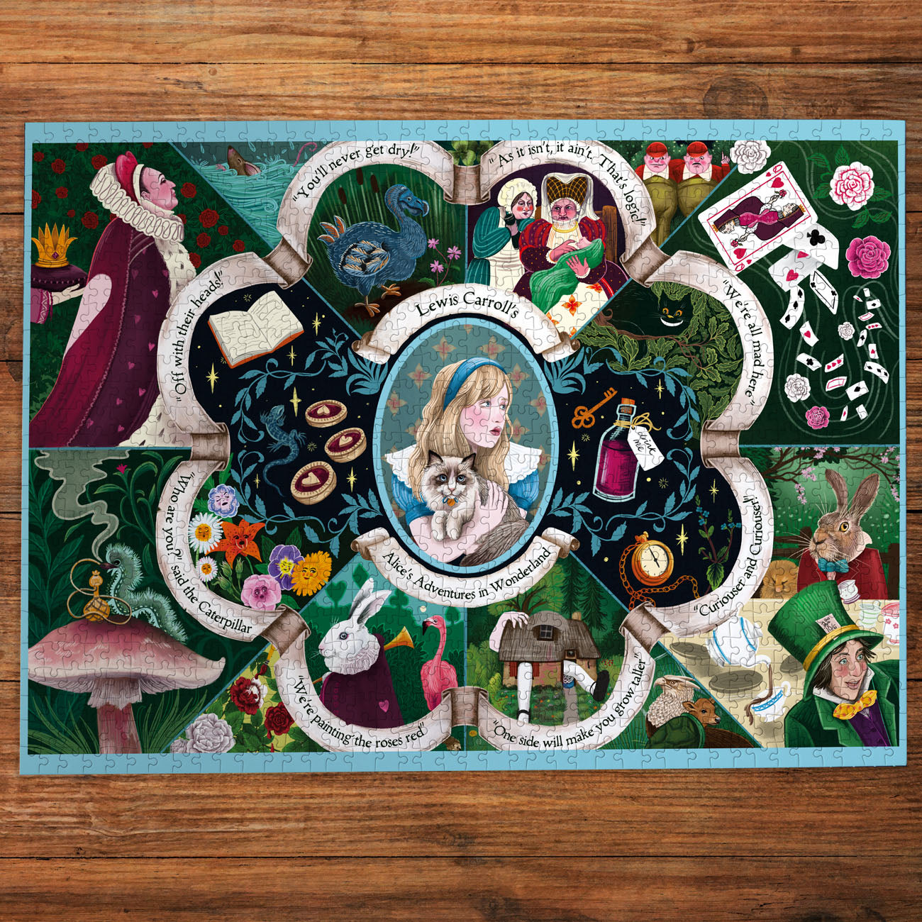 Colorful puzzle with illustrations of characters and scenes from 'Alice's Adventures in Wonderland' on a wooden surface.